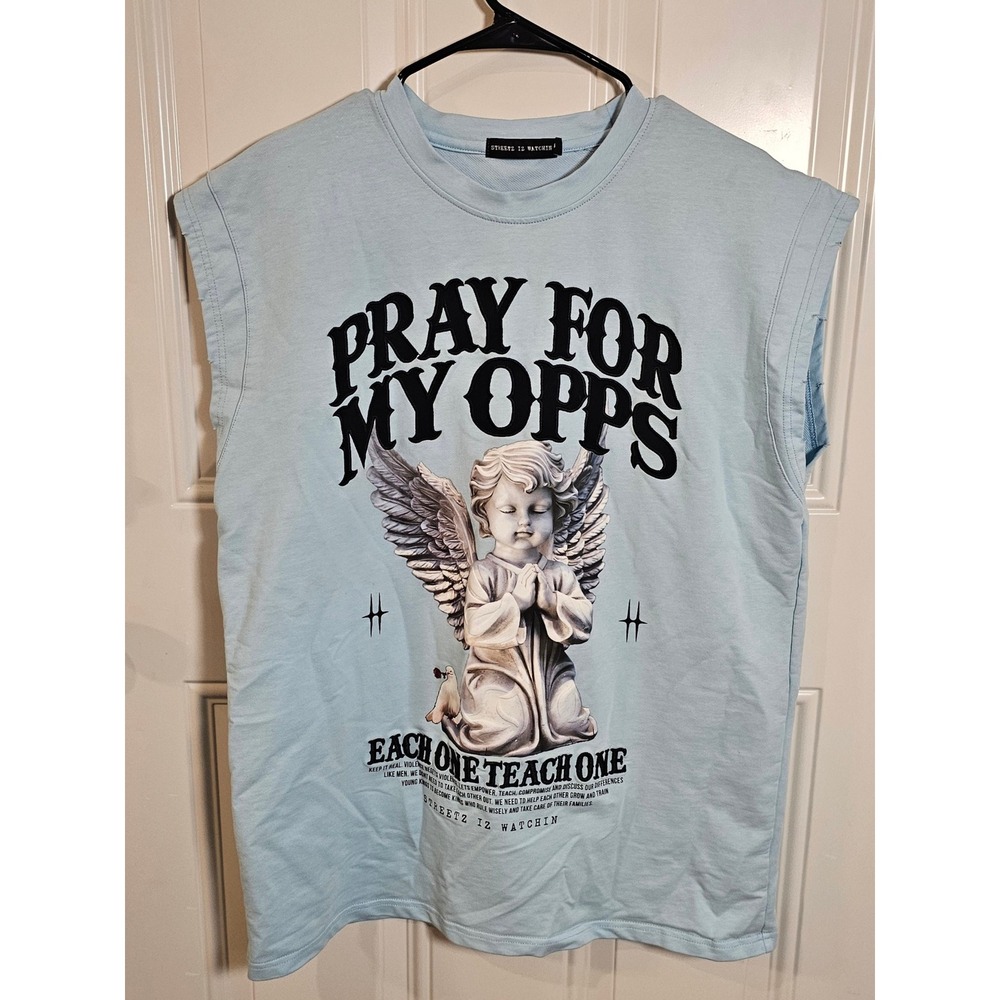 Streetz Iz Watchin Pray For My Opps Angel Muscle Tee Light Blue Small - Picture 2 of 12